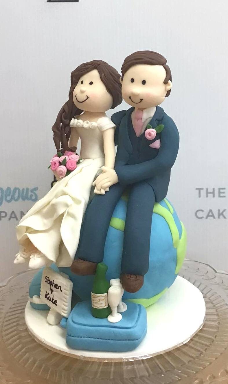 Handmade Sugar Fondant Wedding Bride & groom on a globe, Personalised to order