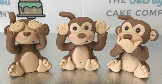 Fondant Three Wise Monkeys made with edible modeling paste, see no evil, hear no evil and speak no evil