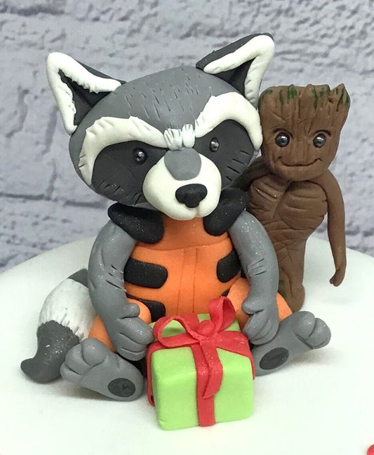Fondant edible sugar Rocket and Baby groot cake topper