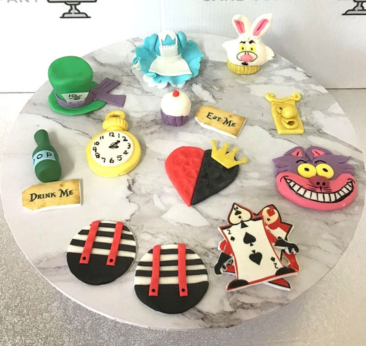 12 Edible Fondant Alice in Wonderland cupcake toppers