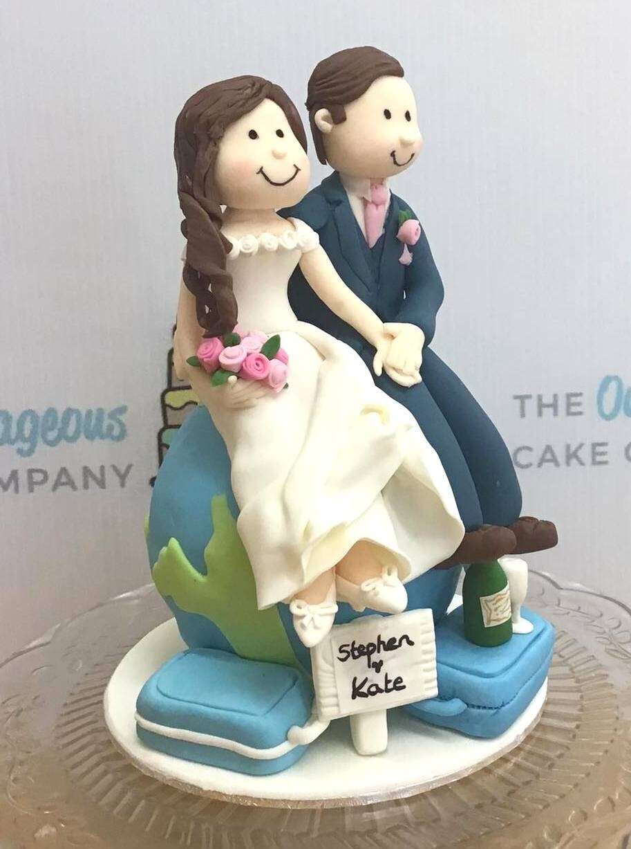 Handmade Sugar Fondant Wedding Bride & groom on a globe, Personalised to order