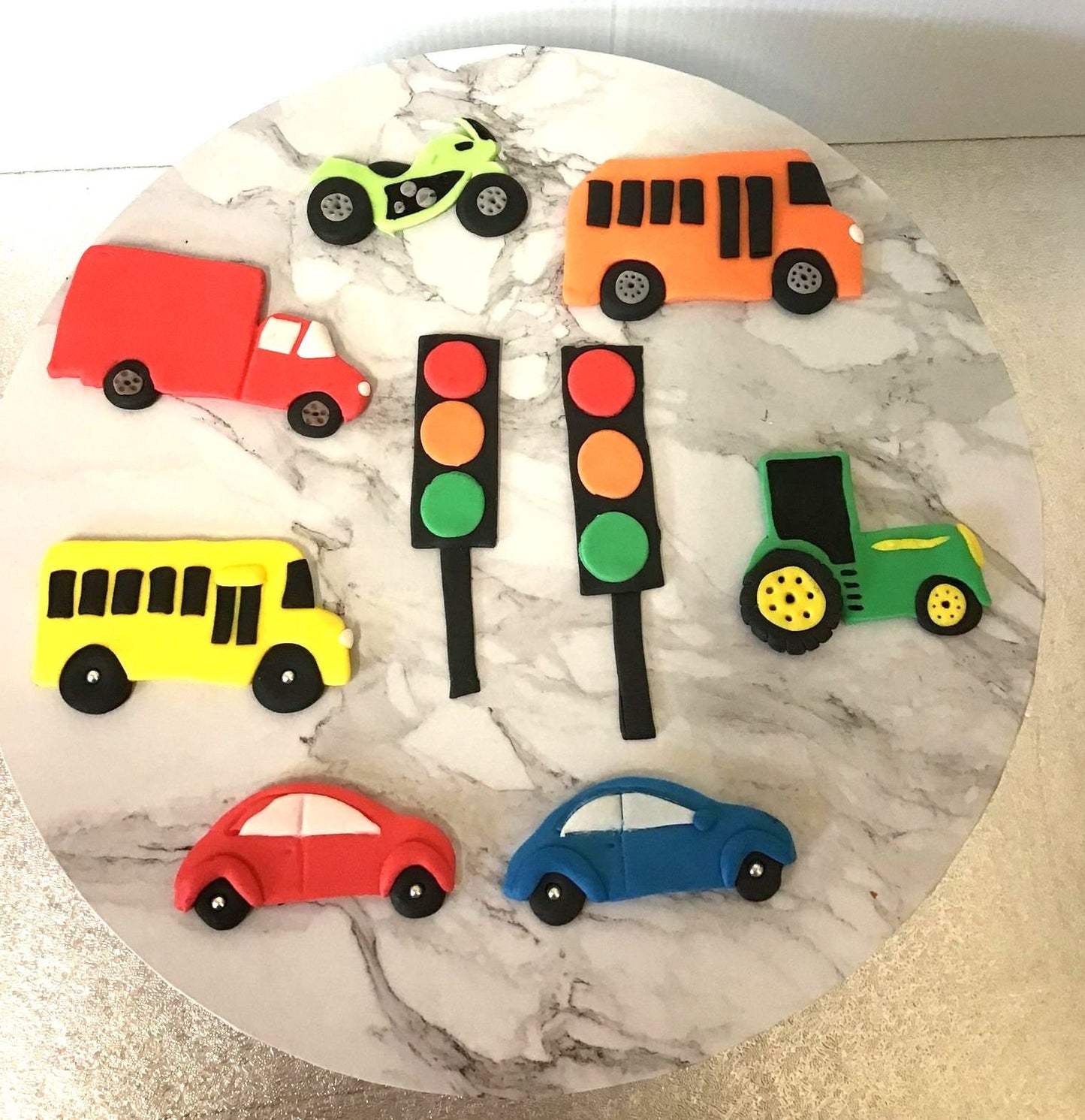 Edible Fondant Transport cake toppers , cars, bus, lorry, school bus, motorbike, tractor, traffic lights.