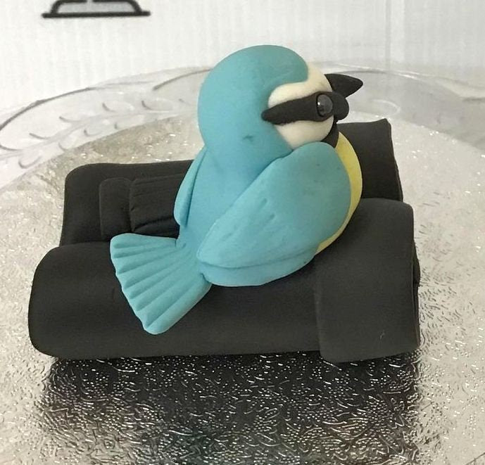 Blue tit bird on binoculars edible sugar cake topper
