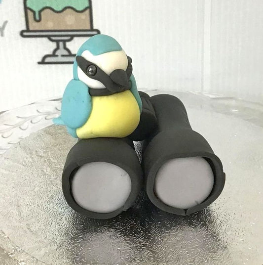 Blue tit bird on binoculars edible sugar cake topper