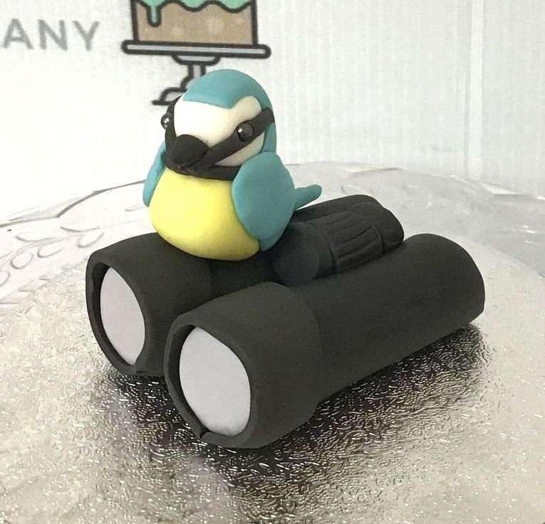 Blue tit bird on binoculars edible sugar cake topper